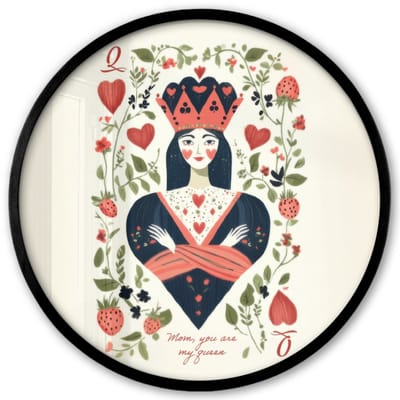 Poster in lijst Rond - Fotolijst 40x40 cm - Posters - Speelkaart - Hartenkoningin - Bloemen - Hartjes - Ronde posterlijst zwart - Decoratie - Wanddecoratie woonkamer - Muurdecoratie slaapkamer
