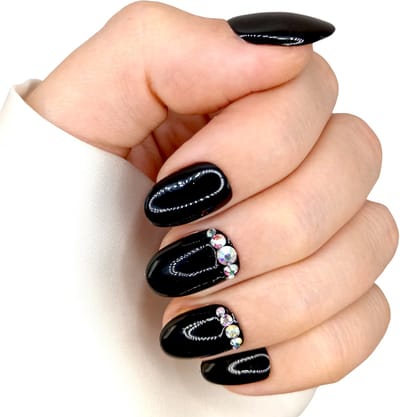 SD Press on Nails - B2 - Plaknagels - Nagelset 20 Nagels - Zwart Steentjes - Gellak - Nagellak - Korter Ronde Nageltips - Nepnagels met Lijm - Kunstnagels - Nail Art - Handmade - Valse nagels - Nagelvijl - Accessoires - Korte Nagels - Nagellak