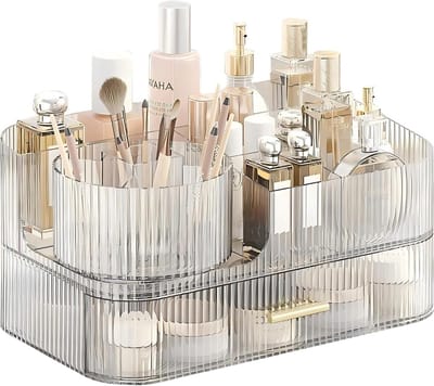 Grote Capaciteit Make-up Organizer met Lades en Draaibare Borstelhouder voor Cosmetica, Ideaal voor Badkamer en Bureauopslag, Perfect voor Make-up Liefhebbers