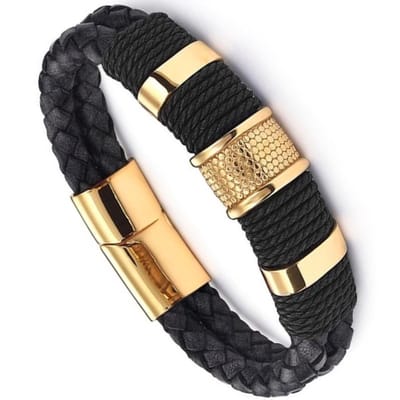 Victorious Leren Armband Heren – Dubbel Leer & RVS Roestvrij Staal– Zwart/Goud – 22cm
