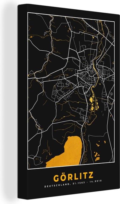 Canvas Schilderij Plattegrond – Görlitz – Goud – Stadskaart – Kaart - Duitsland - 20x30 cm - Wanddecoratie