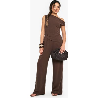 boohoo Dames Linnen Look Twist Strap Jumpsuit | Chocoladebruin | Maat: 36
