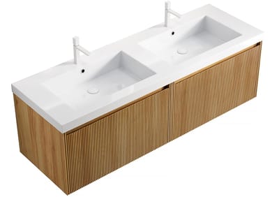 Merax Badkamermeubel 140 cm - Hangend Wastafelmeubel met Dubbele Wastafel - Resin Wastafelblad - Houten Ladefront met Latten - Natuur Eiken Look