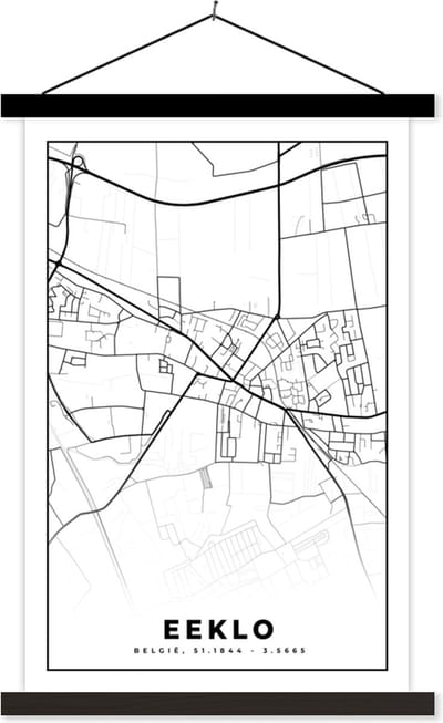 Posterhanger incl. Poster 40x60 cm - Schoolplaat - Zwart Wit – België – Plattegrond – Stadskaart – Kaart – Eeklo - Textielposter - Zwarte latten - Stadskaart