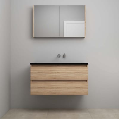 On-Line Badkamermeubelset - 100 cm - Voorgemonteerd - Ladestructuur - Acryl Wastafel - zonder Kraangat - Spiegelkast - Eiken