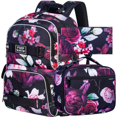 3-delige rugzak voor meisjes, 17 inch bloemige schooltas met lunchbox, duurzame roze laptoprugzakset voor tieners en studenten(Zwart) pink