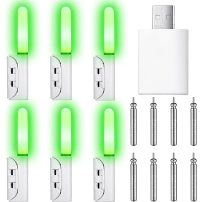 Glooglitter 6 Pièces Bâtonnets Lumineux de Pêche Lumière pour Canne à Pêche LED Alerte Poisson de Nuit Bâtonnet Lumineux Avec 8 Pièces Batterie Rechargeable Cr425 Et Chargeur de Batterie United States green