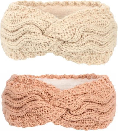 2 stuks - Kabelgebreide Dames Oorwarmers - Roze en Beige - Fleece