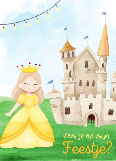 5 Uitnodigingskaarten - Uitnodiging feestje- Prinses bij kasteel - Feestjeskaart met invulruimte - Aquarel tekening- kwaliteitskaart 400 grams papier