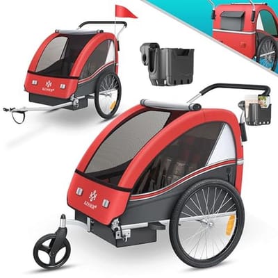 KESSER® Kinderfietskar Sport-RX 2-in-1, fietsaanhanger voor 1 tot 2 kinderen, max. 40 kg | 5-punts-veiligheidsgordel, 360 graden draaibaar voorwiel, jogger, Rood