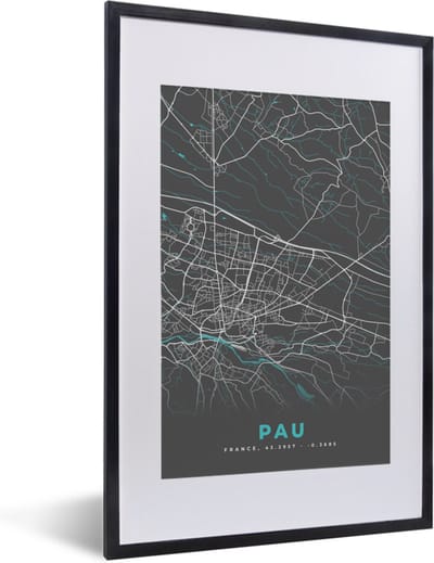 Fotolijst incl. Poster - Pau - Stadskaart - Kaart - Plattegrond - Frankrijk - 40x60 cm - Posterlijst