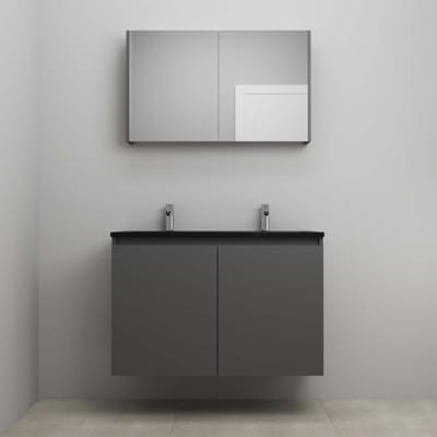 On-Line Badkamermeubelset - 100 cm - Bouwpakket - Greeploze Ladestructuur - Acryl Wastafel - zonder Kraangat - Spiegelkast - Mat Antraciet