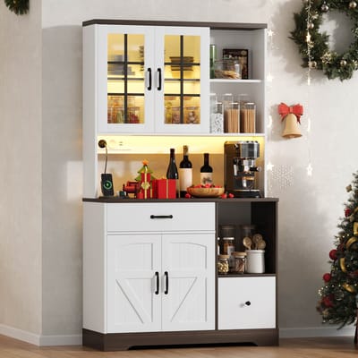 Sweiko Keukenkast - Dressoir - LED-verlichting - Verstelbare planken - Met lades - Stopcontact - Naturel + Wit