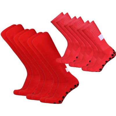 6 Paar Voetbalsokken Crew Sokken en Kniesokken Set Antislip Atletische Hardloopsokken Buiten Sport Voetbal rood