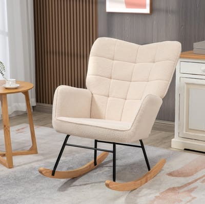 OKWISH Schommelstoel – 71 x 98 x 101 cm – Met Hoge Rugleuning, Armleuningen En Zachte Berbervlies Bekleding – Voor Woonkamer Of Slaapkamer – Polyester – Beige