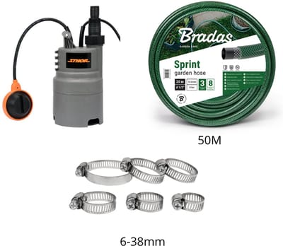 Dompelpomp Vuil Water 400W Set – Sthor + Bradas Tuinslang SPRINT 25 mm (1") 50 m + RVS slangklemmen
