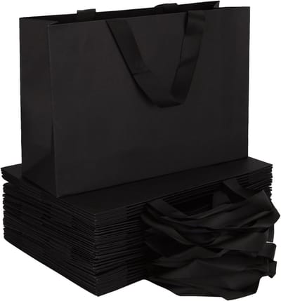 25 Zwarte Cadeautassen met Handvat, 32 x 22 x 10 cm, Kraft Tassen voor Kerst, Verjaardag, Bruiloft en Feestjes