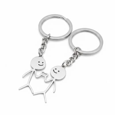 Zilverkleurige stickman sleutelhanger set van 2 stuks met metalen sleutelring – sleutelhanger voor dames en heren – decoratieve keychains met schattig koppel ontwerp en figuurtjes