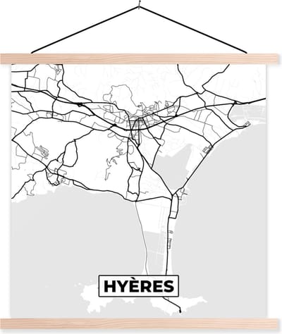 Posterhanger incl. Poster 40x40 cm - Schoolplaat - Stadskaart - Plattegrond - Hyères - Kaart - Frankrijk - Zwart wit - Textielposter - Blanke latten - Stadskaart