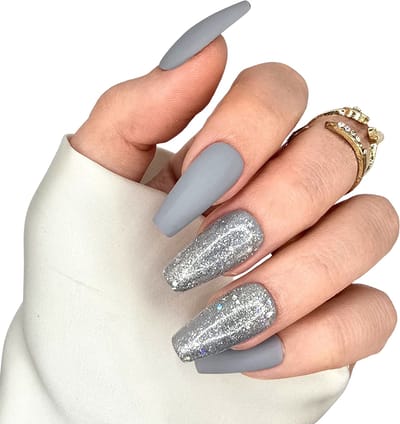 SD Press on Nails - B-266 - Plaknagels - Nagelset 20 Nagels - Nepnagels - Grijs Matte Glitter - Gellak - Nagellak - Lange Coffin Nageltips - Nepnagels met Lijm - Kunstnagels - Nail Art - Handmade - Valse nagels - Nagelvijl - Accessoires