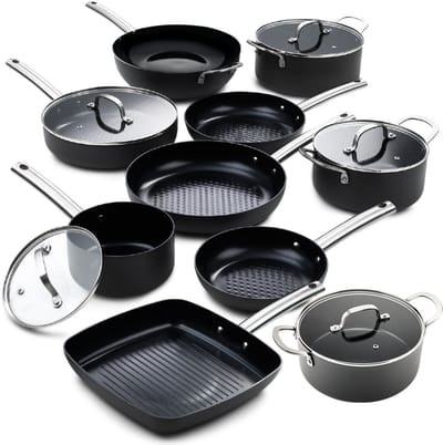 ISENVI Murray Chef Encore set - Pannenset 23 delig - RVS grepen - Antraciet - Keramisch - 100% PFAS, PTFE en PFOA vrij - 100% duurzaam - Unieke Antiaanbaklaag - Non-stick bodem - Vaatwasbestendig - Geschikt voor alle warmtebronnen + inductie