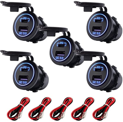 ProRide 12V USB-C Wandcontactdoos Inbouw - USB-A en USB-C - 2 Poorten - QC3.0 - Blauw - Kabel en Zekering - 5 stuks
