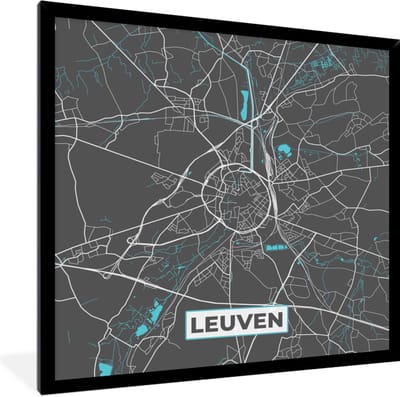 Fotolijst incl. Poster - België – Leuven – Stadskaart – Kaart – Blauw – Plattegrond - 40x40 cm - Posterlijst