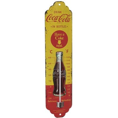 TFA Thermometer - vintage Cola - metaal - XL - geel - 28 x 6.5 cm - buiten - tuindecoratie