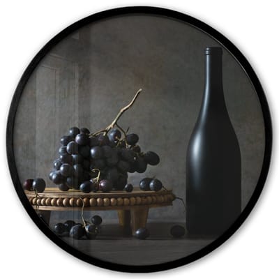 Poster in lijst Rond - Fotolijst 40x40 cm - Posters - Stilleven - Zwart - Fles - Druiven - Ronde posterlijst zwart - Decoratie - Wanddecoratie woonkamer - Muurdecoratie slaapkamer