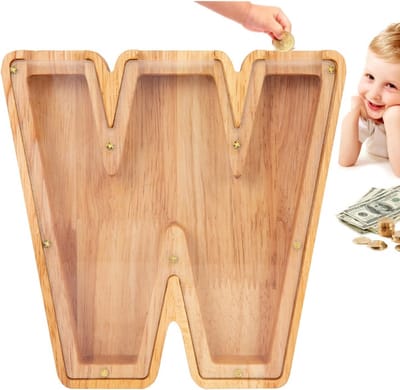 Houten Spaarpotten - Gepersonaliseerde Alfabet Munt Spaarpot - Kinder Spaarvarken - Tekst Gegraveerd Spaarvarken - Houten - Geschikt voor kindercadeaus, kerstcadeaus, verjaardagscadeaus, huisdecoratie ornamenten (W)
