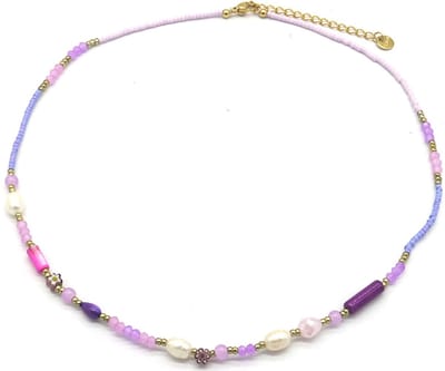 Ketting - Glaskralen en Parels - RVS - Lengte 40-45 cm - Paars