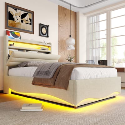Gestoffeerd bed 90 x 200 cm - met LED-verlichting - met USB- en Type-C-aansluiting - met opbergruimte - zonder matras - beige