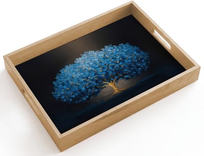 Dienblad hout 40x30 cm - Schootdienblad - Boom - Blauw - Bladeren - Penseelstreken - Borrelplank rechthoek - Plateau dienbladen