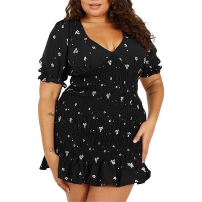 Brave Soul Mini-jurk voor dames met V-hals en pofmouwen in grote maten (Zwart, Wit)