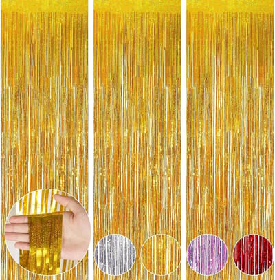 Klatergoud Gordijnen - Folie Franje Gordijn voor Verjaardag, Afstuderen en Bruiloft - Metallic Glimmer Slingers Feestgordijn 3,2ft x 6,5ft