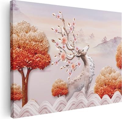 Artaza Canvas Schilderij Hertenkop - 40x30 cm - Klein - Muurdecoratie Bloemen - Wanddecoratie Woonkamer - Schilderijen Op Canvas