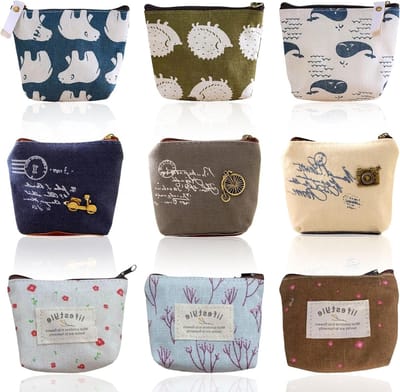 Kleine Vintage Canvas Portemonnee met Rits, Set van 9 Stuks voor Munten, Kaarten en Sleutels, Ideaal voor Dames