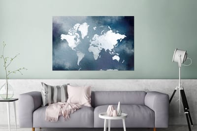 Aluminium schilderij 120x80 cm - Wanddecoratie metaal - Wereldkaart - Aquarel - Blauw - Metalen muurdecoratie woonkamer - Decoratie industrieel - Foto op dibond - Industriële accessoires slaapkamer