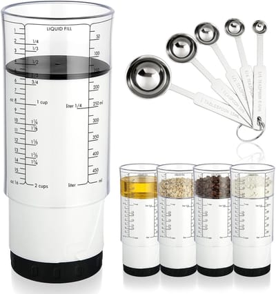 Maatbekers met 2 Bekers en 5 Lepels, Voor Vloeibare, Droge en Halvloeibare Ingrediënten, Compact en Ruimtebesparend