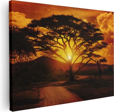 Artaza Canvas Schilderij Zonsondergang Afrika - 40x30 cm - Klein - Wanddecoratie Boom - Muurdecoratie Savanne - Schilderijen Op Canvas