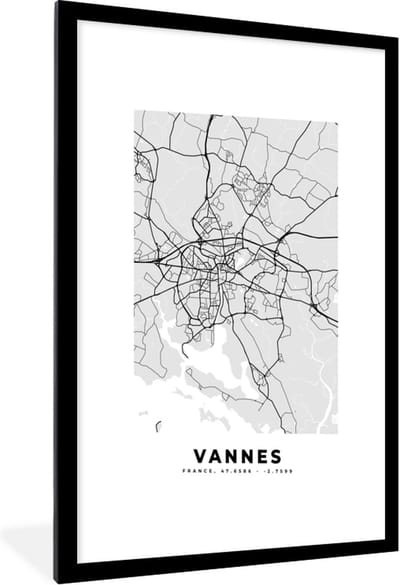 Fotolijst incl. Poster - Stadskaart – Frankrijk – Kaart – Vannes – Plattegrond - 60x90 cm - Posterlijst