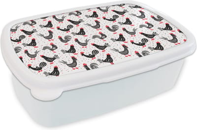 Broodtrommel Wit - Lunchbox - Brooddoos - Patroon - Kip - Vogel - 18x12x6 cm - Volwassenen