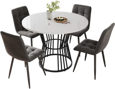 REDOM Eettafel rond Ø100 cm, MDF tafelblad met marmerpatroon en stabiel metalen onderstel, modern