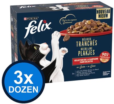 3x Felix - Heerlijke Plakjes Farm Selectie in Gelei - Kattenvoer Natvoer - doos 12x85g