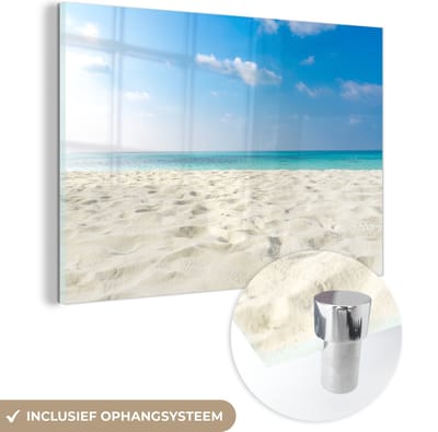 MuchoWow® Glasschilderij 60x40 cm - Schilderij acrylglas - Strand - Licht - Zon - Foto op glas - Muurdecoratie woonkamer - Wanddecoratie slaapkamer - Schilderijen
