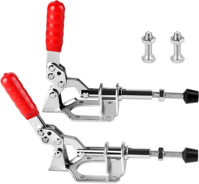 2 grote duwstangspanners, kniehevelspanner, snelontgrendeling met reserve schroef, verstelbare houder voor hoekgaten, boorhulp voor timmerwerk en lassen, zilver