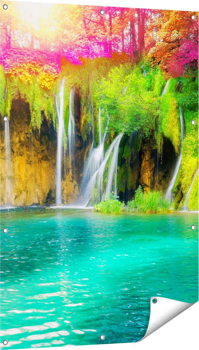 Gards Tuinposter Waterval met Roze en Groene Bloemen - 80x120 cm - Tuindoek - Tuindecoratie - Wanddecoratie buiten - Tuinschilderij