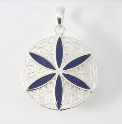 Ronde zilveren levensbloem hanger met lapis lazuli
