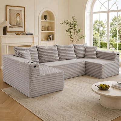 Moderne Hoekbank, U-Bank, 4-Zitsbank, U-vormige Corduroy Bank met Bekerhouders en Zijvakken, Verende Vulling, 4 Rugkussens en 2 Sierkussens, Ergonomisch Ontworpen voor Comfortabel Langdurig Zitten-Lichtgrijs