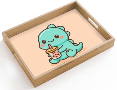 Dienblad hout 40x30 cm - Schootdienblad - Dino - Boba - kawaii - Oranje - Borrelplank rechthoek - Plateau dienbladen